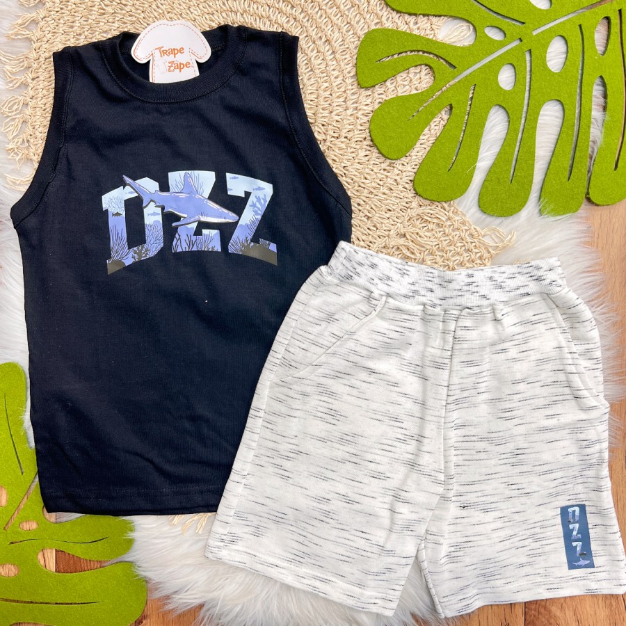 Conj. Regata Tubarão DZZ e Bermuda em Moletinho - Preto e Mescla